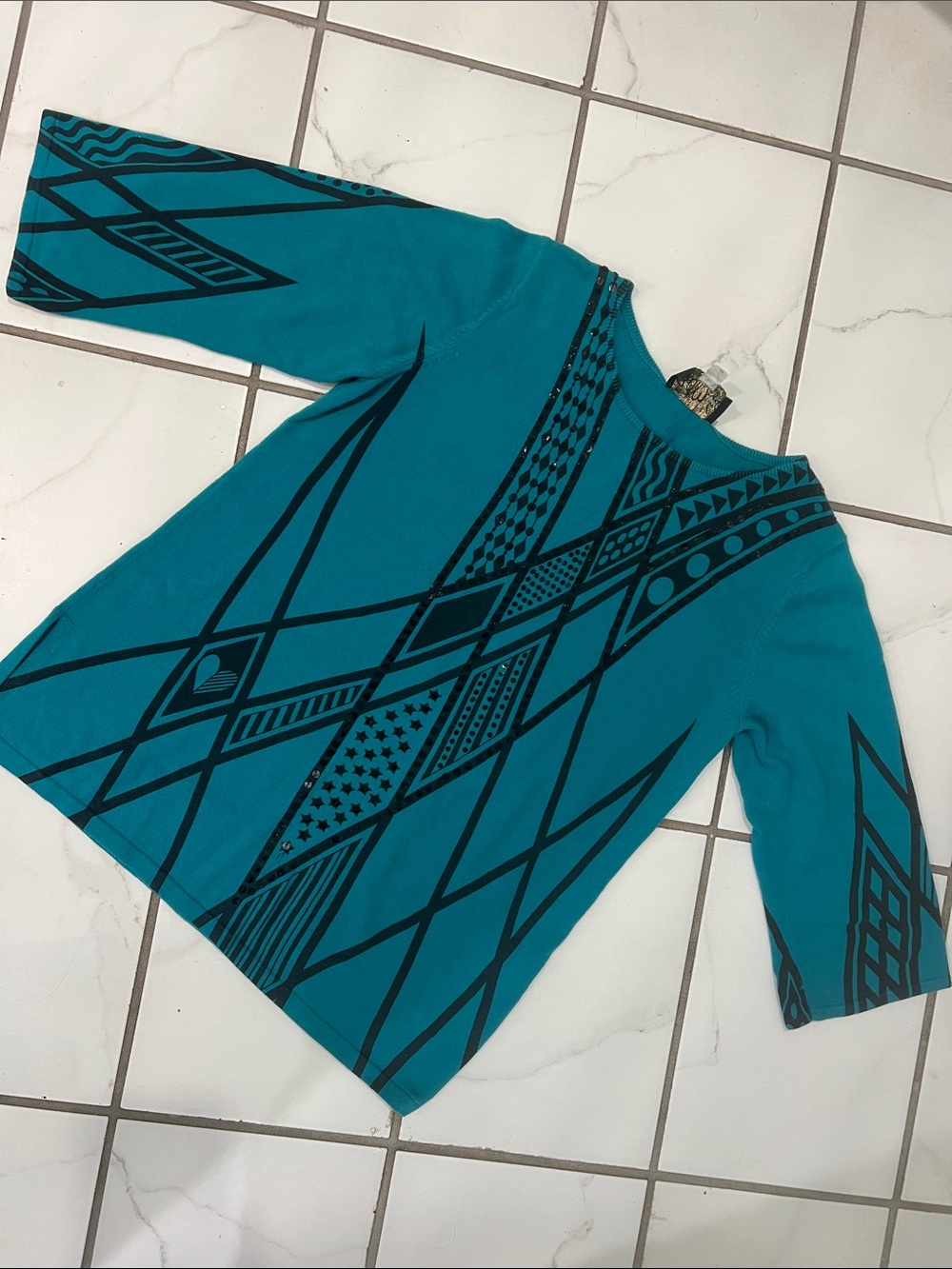 Bob Mackie Teal Long Sleeve Geometric Print Top - Size Small - Wearable Art